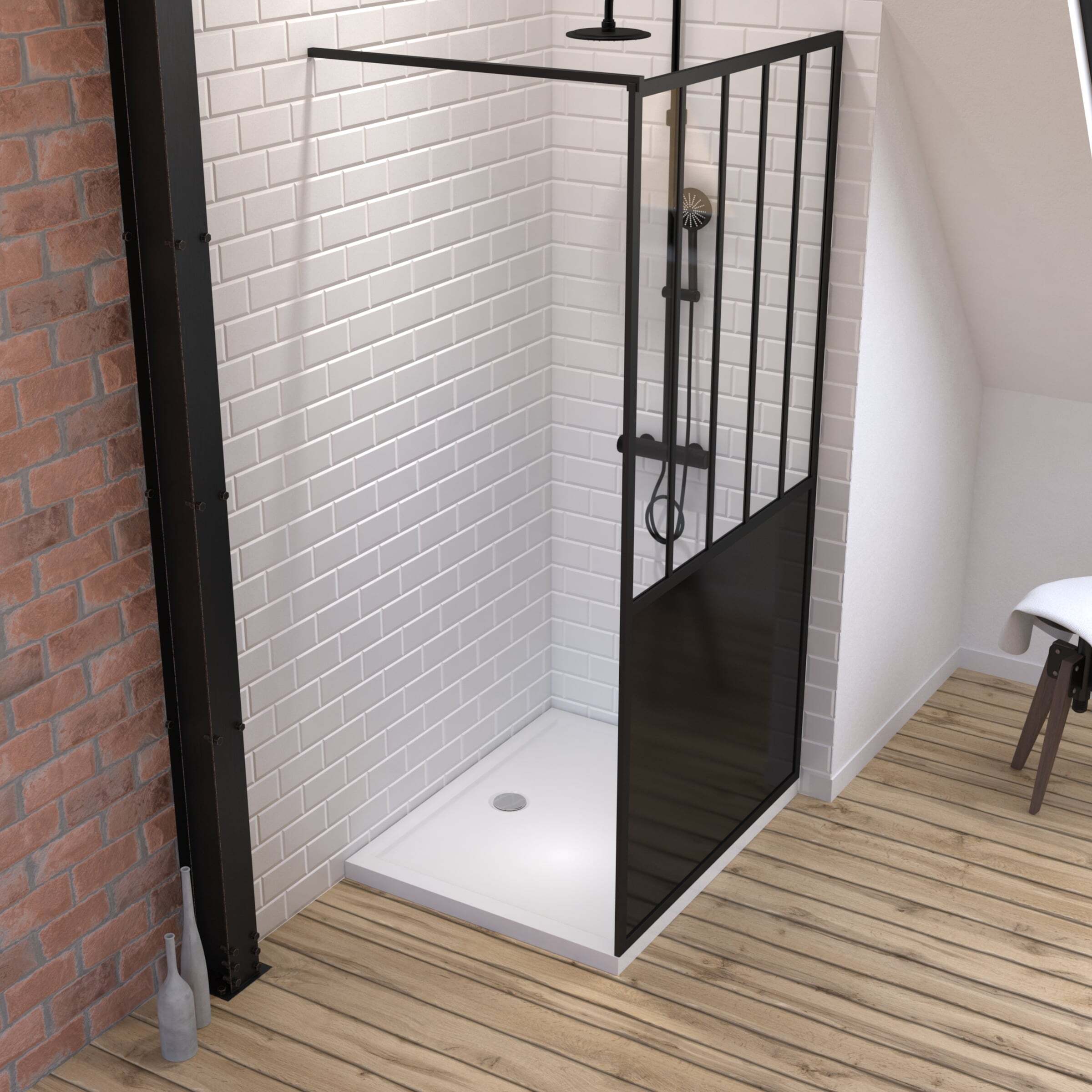Pack Paroi de douche 100x200 CM NOIR MAT - VERRE TREMPE 5 mm + RECEVEUR A POSER RECTANGLE