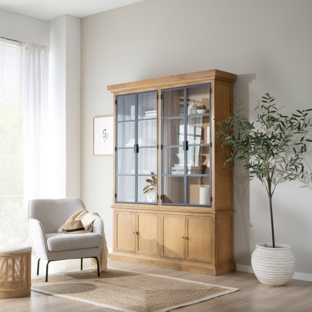 Vitrine Parma -bois massif de manguier et métal-couleur provence naturelle 158 x 210 x 40 cm