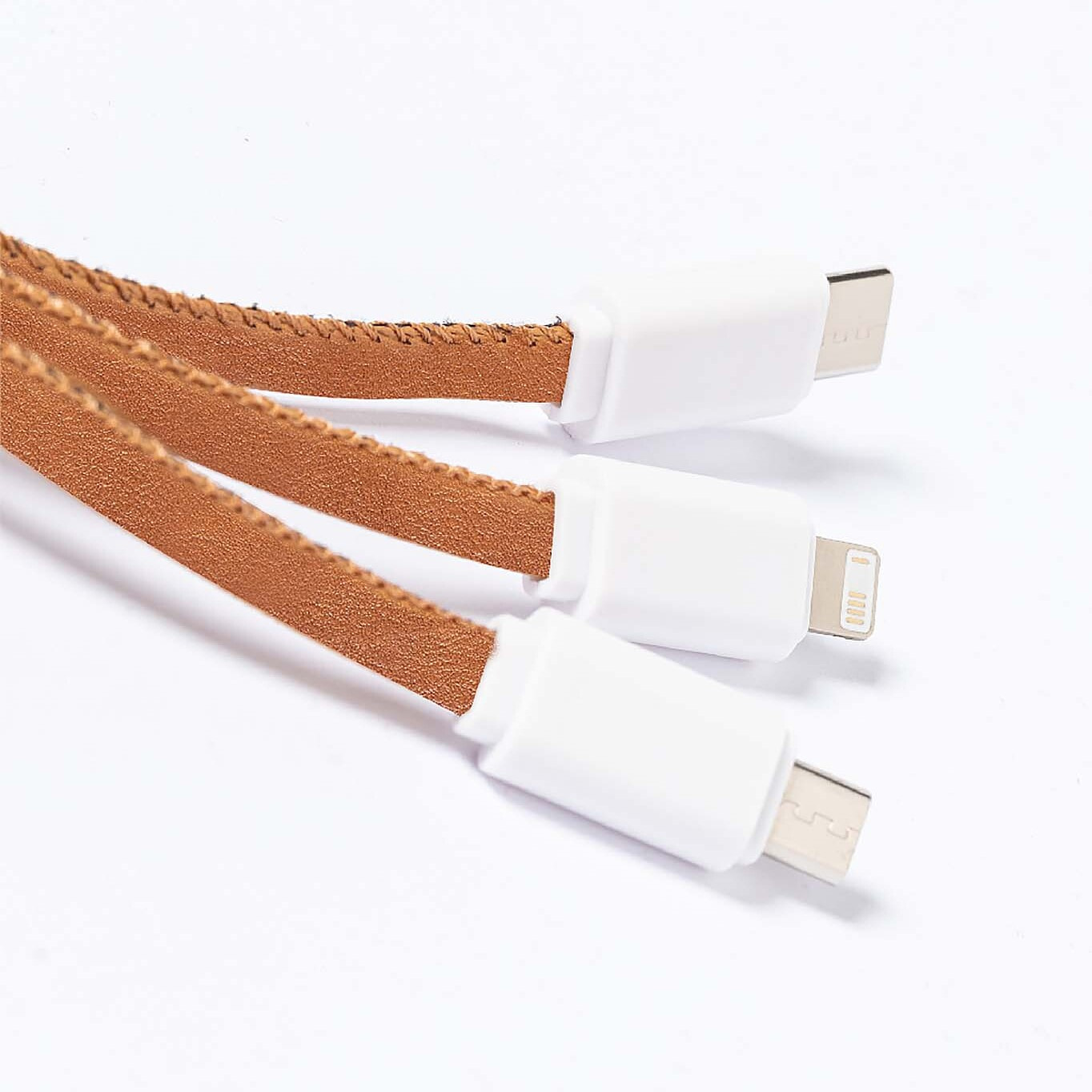 Cable Cargador RABS y cuero .Cable Extensible. Conexión Micro USB, Tipo C y Lightning 5V DC 2.4A