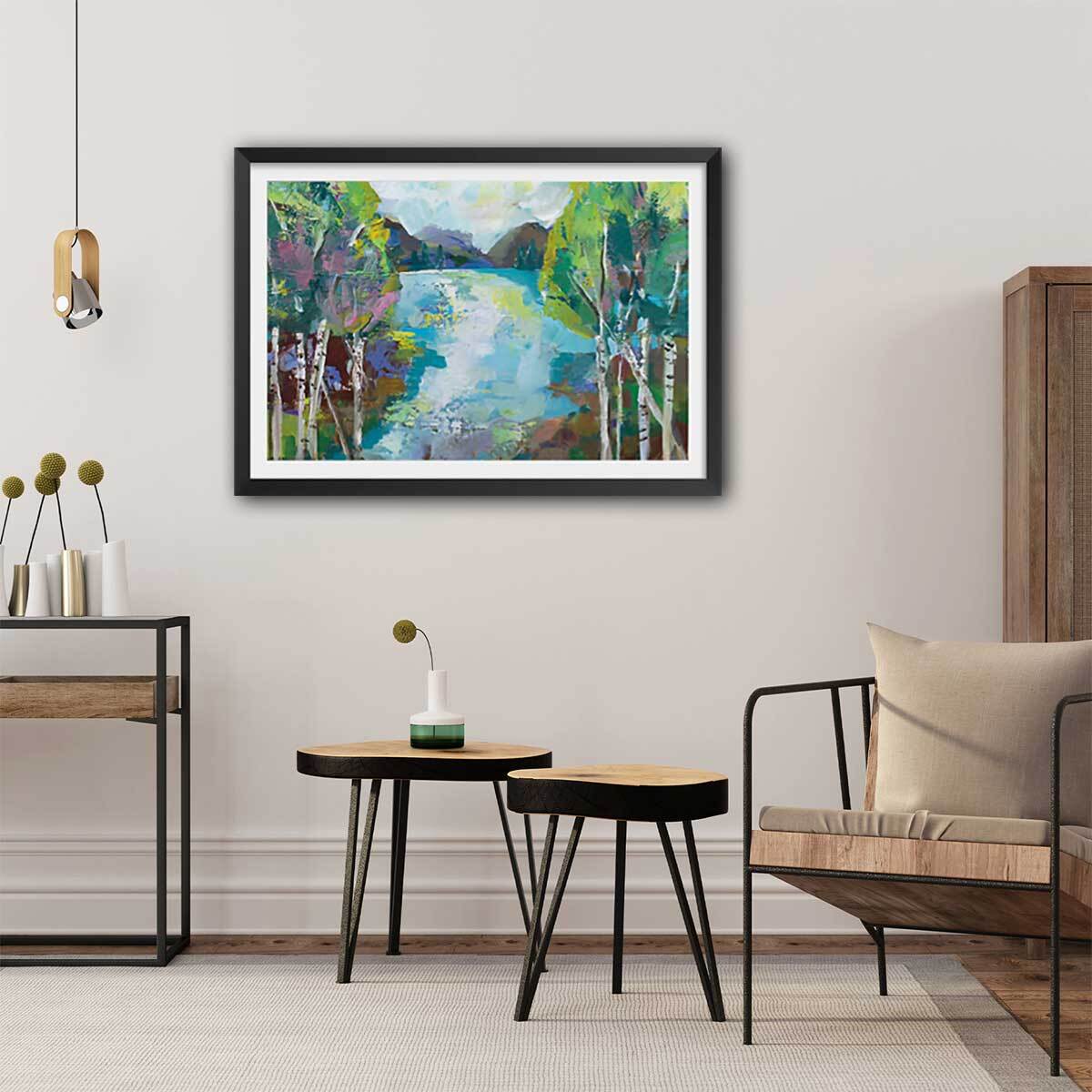 Affiche Bouleaux au bord de l'eau Affiche sous cadre noir