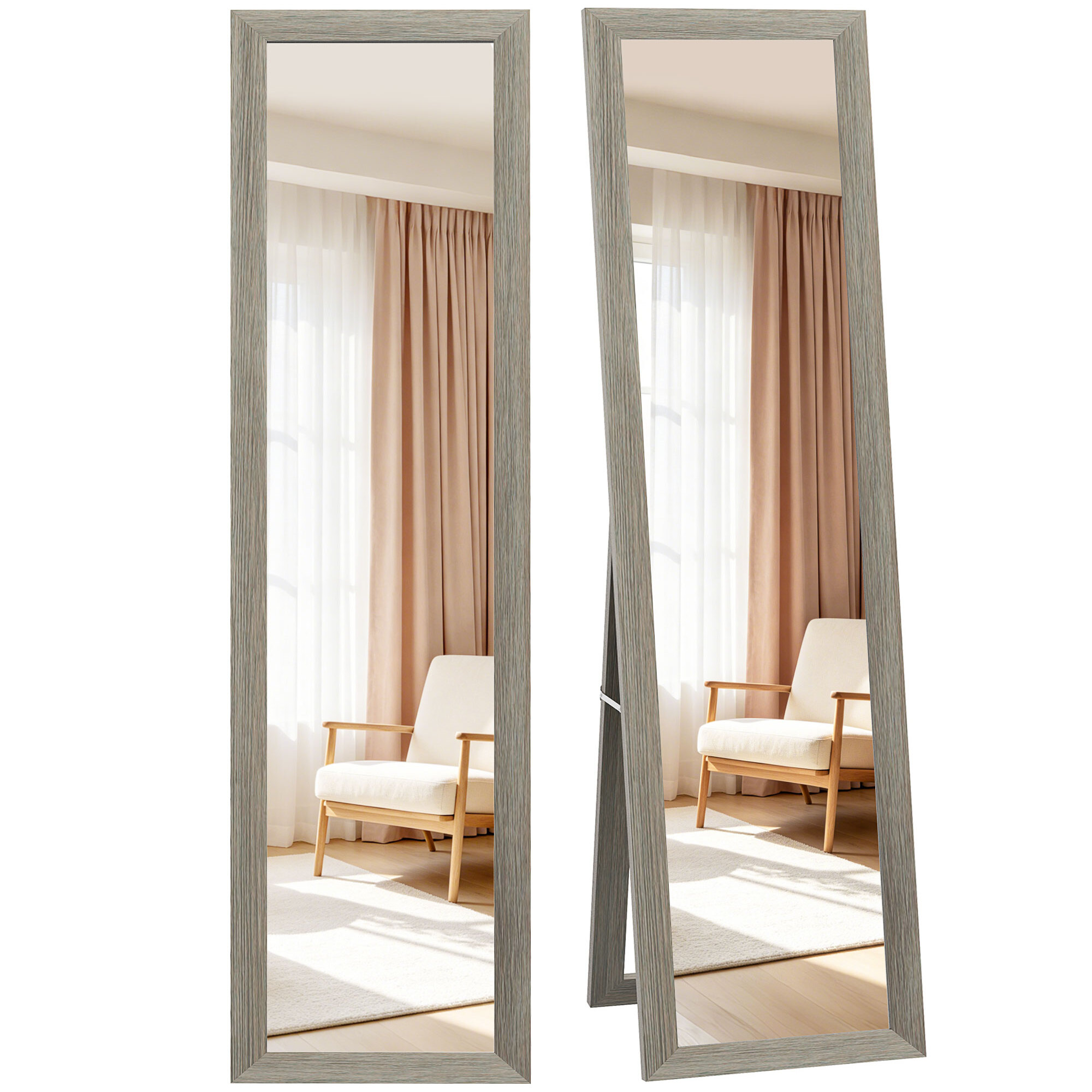 HOMCOM Espejo de Pie Cuerpo Entero 157x37 cm, Espejo de Cuerpo Entero con Soporte, 3 Formas de Uso, Independiente, Montaje Pared y Apoyado, para Salón, Entrada, Dormitorio, Gris