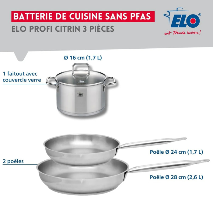 Set de 2 Poêles de cuisson 24 et 28 cm et 1 faitout 16 cm Elo Profi Citrin