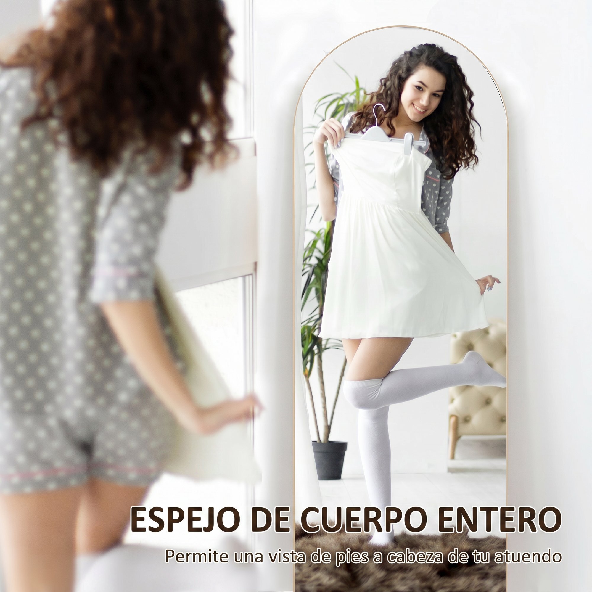 Espejo de Cuerpo Entero, 150x50 cm, Espejo de Pie Arqueado, Sin Marco, Independiente, Apoyado y de Pared, para Dormitorio, Salón, Dorado