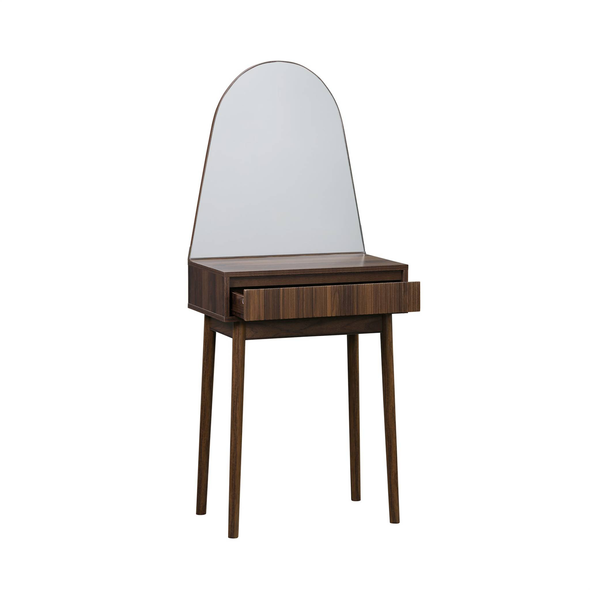 Coiffeuse décor bois LINEAR miroir arrondi 1 tiroir 60 cm. façade striée. Noyer