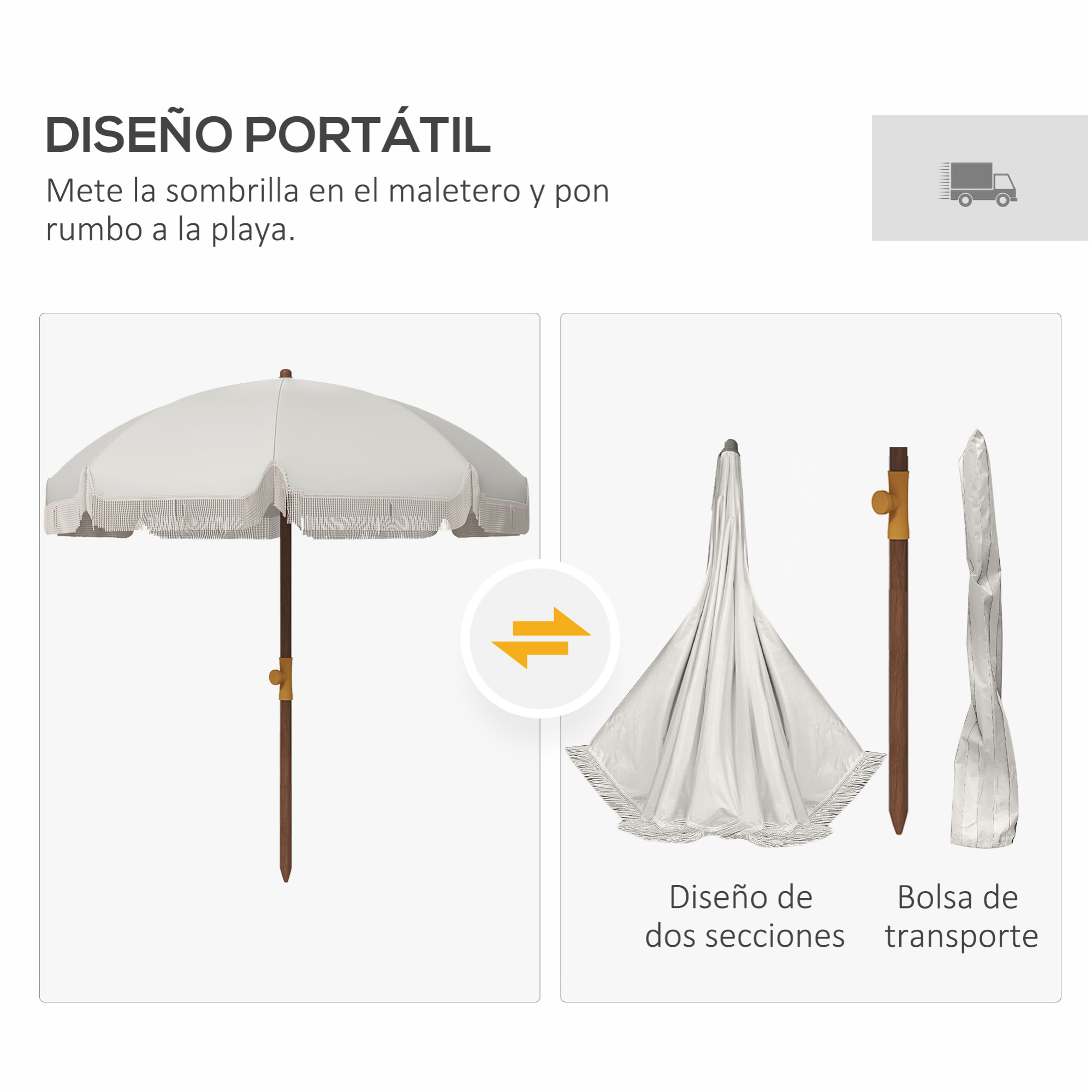 Outsunny Sombrilla de Playa Grande con Flecos Ø190 cm Sombrilla de Terraza Exterior con Protección UV40+ Antiviento Impermeable Mástil de Ø32 mm y Bolsa de Transporte Gris Claro