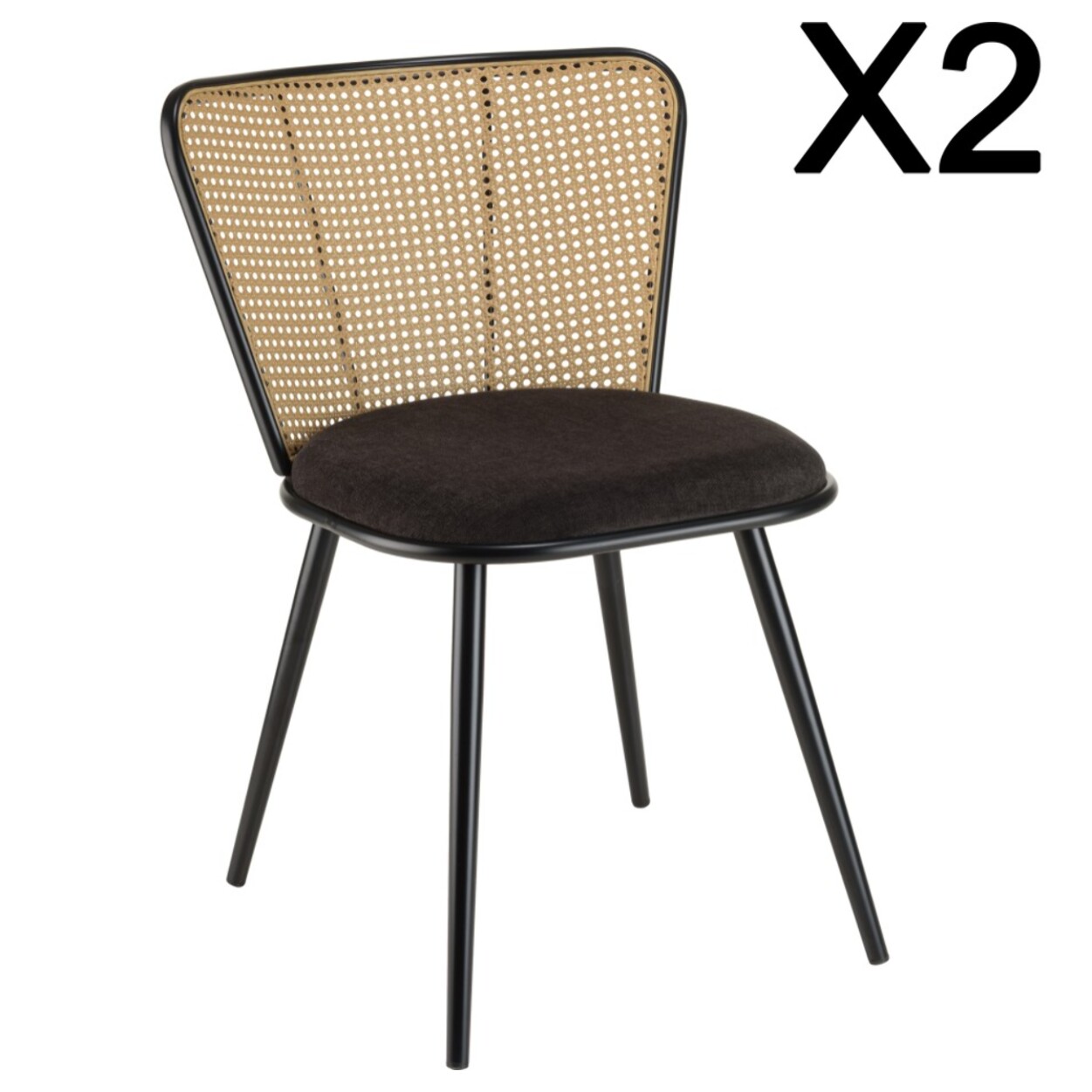LEA - Lot de 2 chaises assise tissu noir large dossier effet cannage