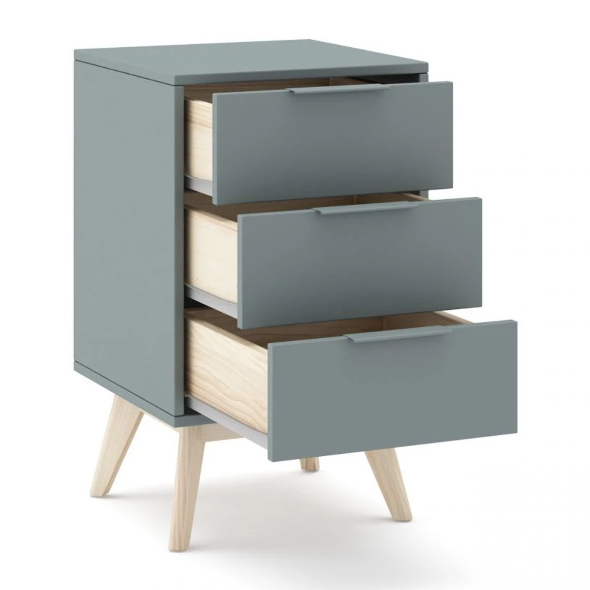 Mesita de noche de 3 cajones y patas en verde salvia y oak soft 40x65,5 cm Numa Verde Salvia - Oak Soft