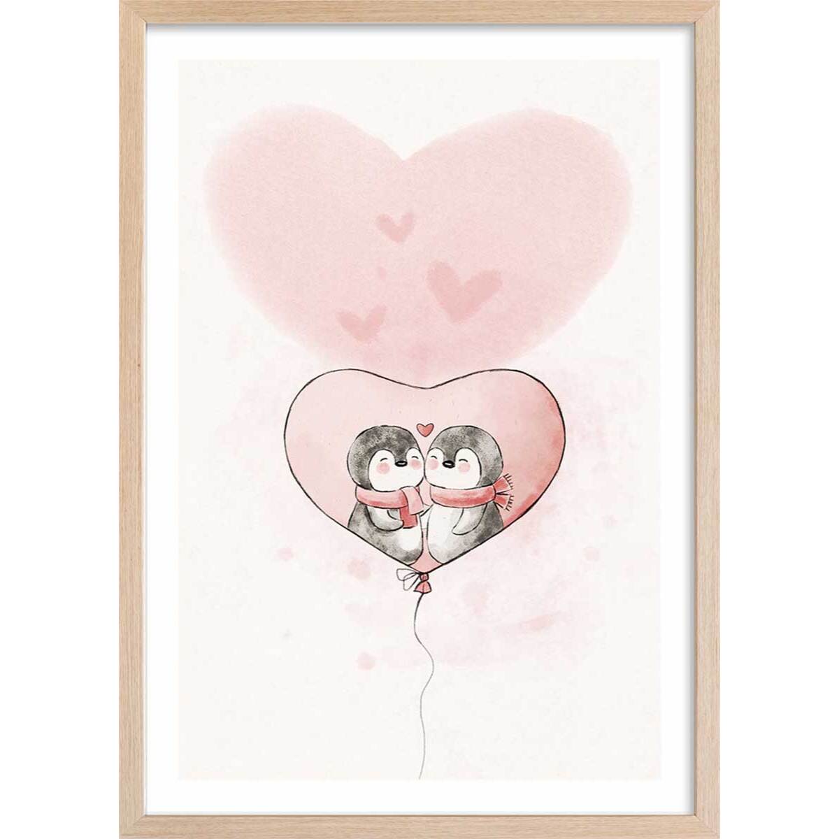 Affiche enfant pingouin amoureux  Affiche + cadre en bois - Chêne