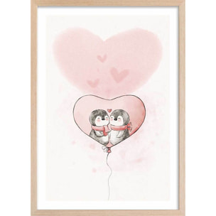 Affiche enfant pingouin amoureux  Affiche + cadre en bois - Chêne