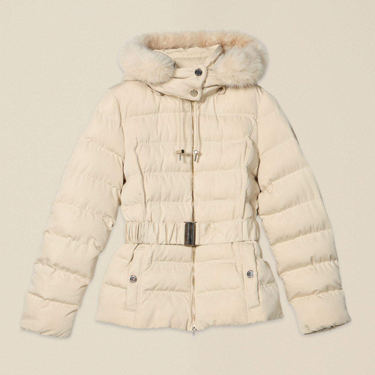 Oltre - Piumino con cappuccio e cintura in vita - Beige