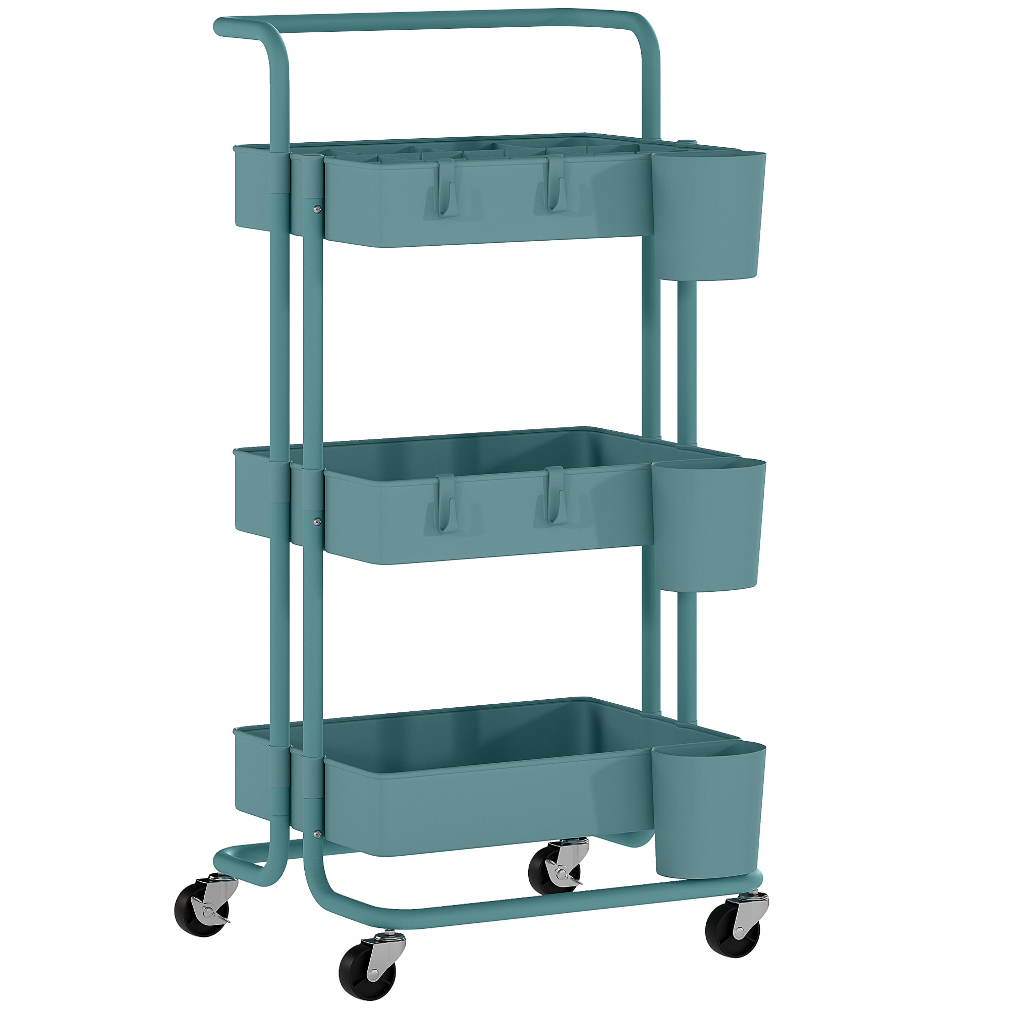 Desserte de cuisine - 3 étagères avec rebords - 4 crochets, 3 pots suspendus - acier ABS bleu