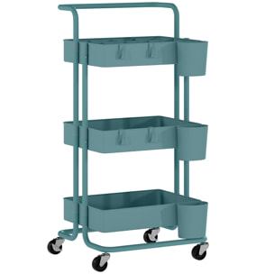 Desserte de cuisine - 3 étagères avec rebords - 4 crochets, 3 pots suspendus - acier ABS bleu
