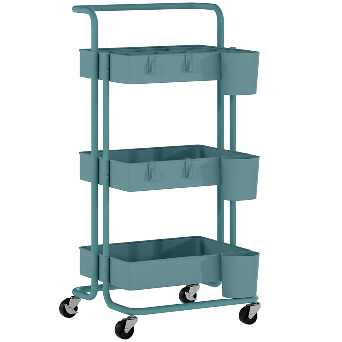 Desserte de cuisine - 3 étagères avec rebords - 4 crochets, 3 pots suspendus - acier ABS bleu