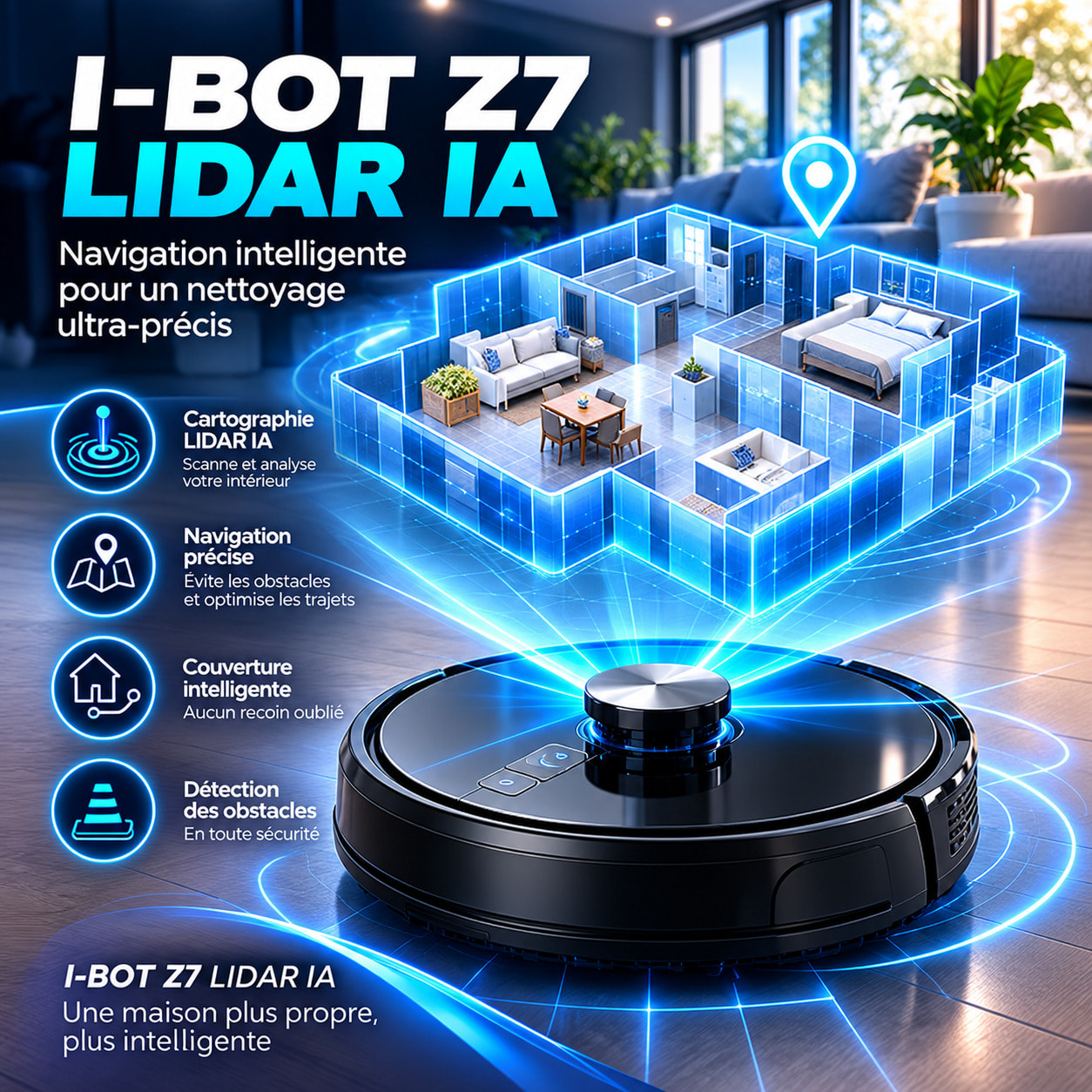 Robot aspirateur laveur connecté avec base aspirante EZIclean® I-Bot Z7 LIDAR IA