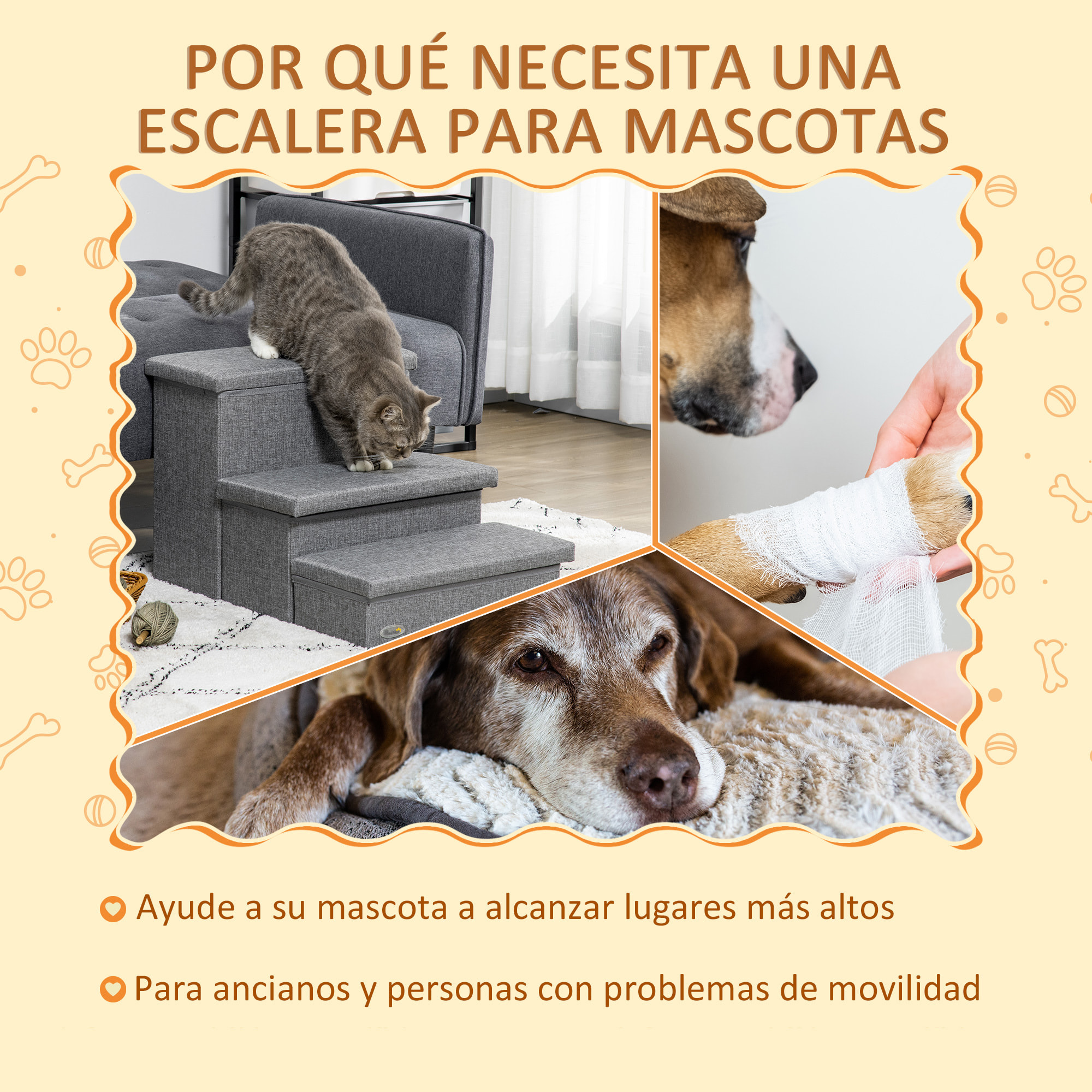 Escalera para Mascotas de 3 Peldaños Escalones para Perros Gatos con Tapas Abribles y Espacio de Almacenamiento 63,5x42,5x40,5 cm Gris