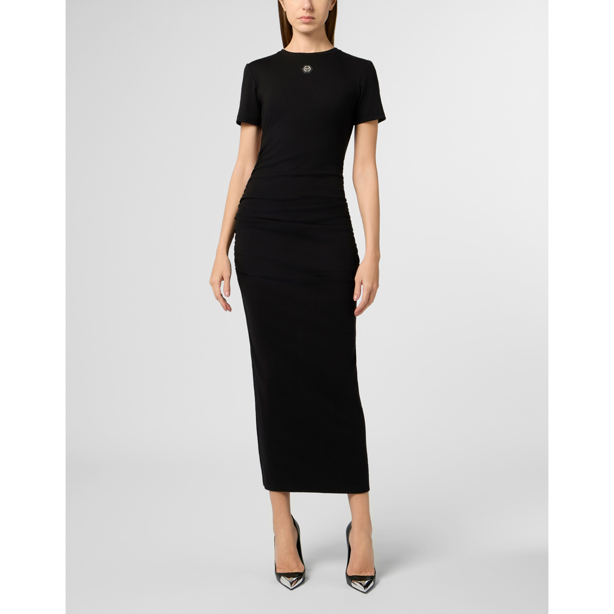 PHILIPP PLEIN Open Back Maxi T-Shirt Dress Signature Pendant Signature