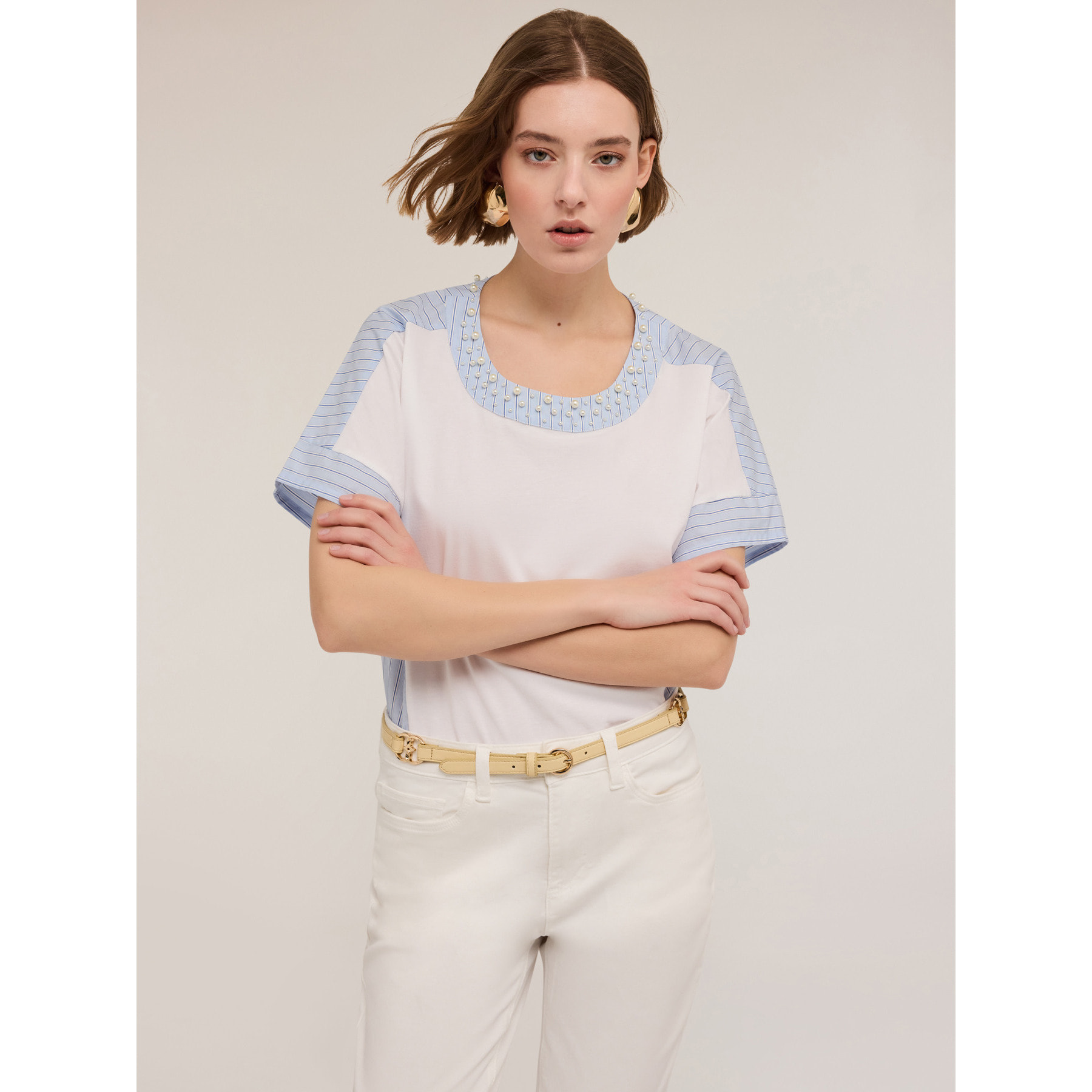 Motivi - Camiseta bimatérica con bordado de perlas - Blanco