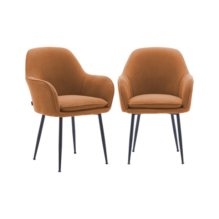 Lot de 2 fauteuils en velours côtelé camel et pieds en métal noir mat. L 57 x P 59 x H 84.5