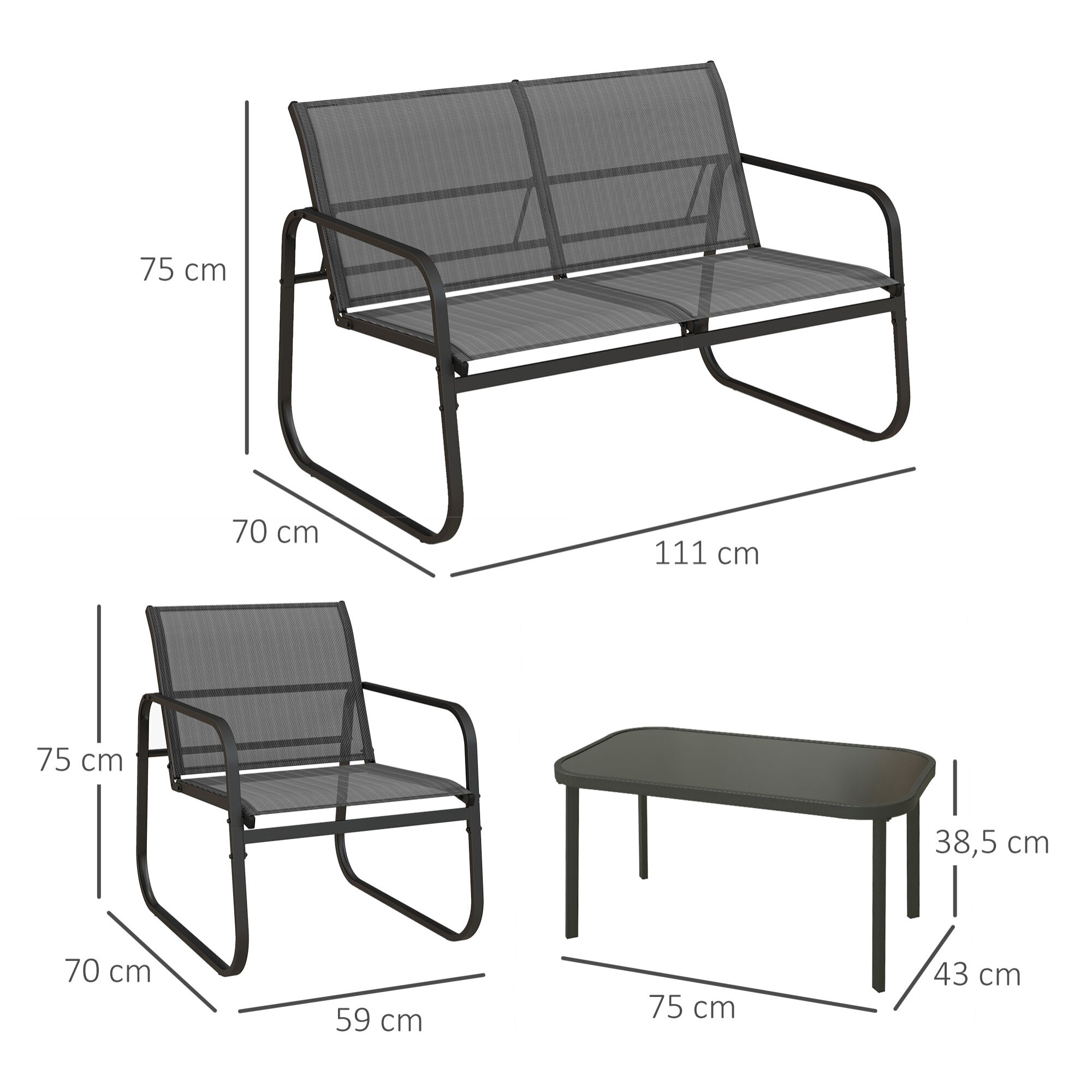 Conjunto de Muebles de Jardín Juego de 4 Piezas Muebles de Terraza con 2 Sillones 1 Sofá Exterior de 2 Plazas y Mesa de Centro con Tablero de Vidrio Templado Negro
