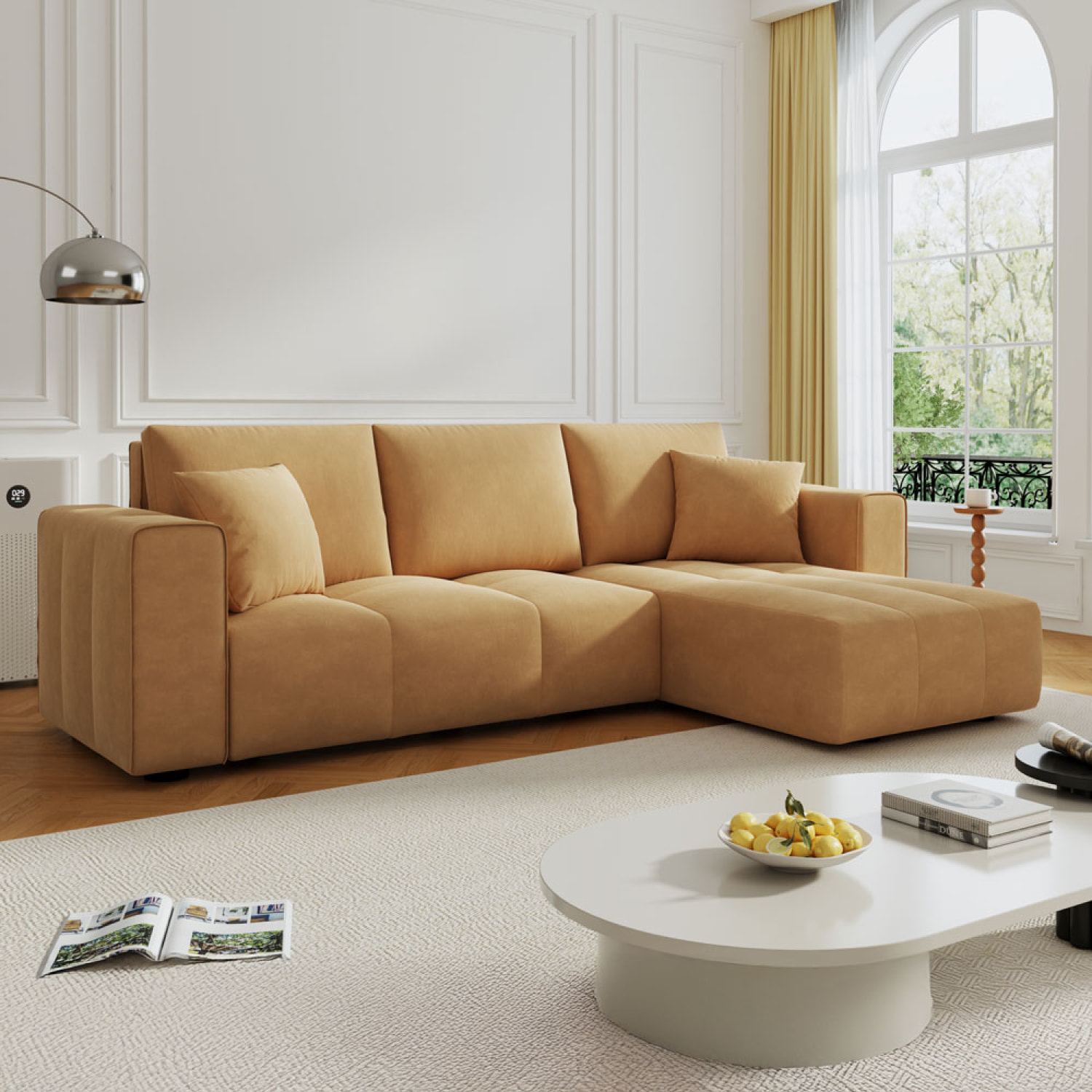 WORTHING Canapé d'angle convertible 4 places avec coffre en velours jaune