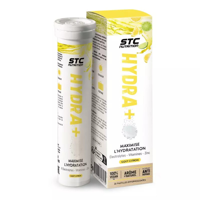 STC NUTRITION - Hydra+ - Préparation pour boisson isotonique à base d'Électrolytes, Vitamines, sucre et édulcorant naturels - Optimise l'hydratation - Goût Citron - 20 Pastilles - Citron