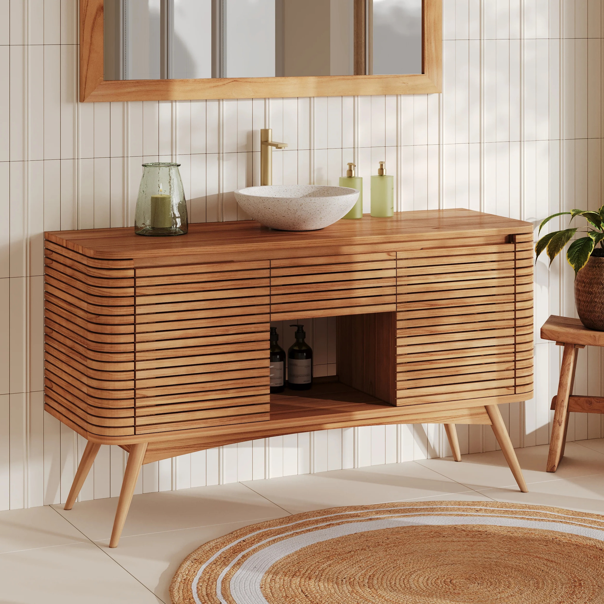 Meuble de salle de bain en bois de teck 140 cm avec une niche - Auguste