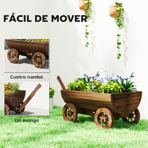 Carrito de Madera Decorativa con 4 Ruedas y Mango, Jardinera Exterior Móvil con Orificio de Drenaje, Macetero Exterior para Cultivos, Plantas, Jardín, Terraza, 115x40x54,5 cm, Carbonizado