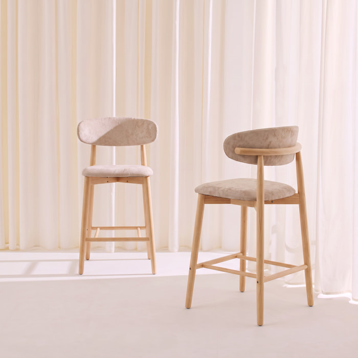 Tabouret de bar bois d'hévéa naturel et tissu chenille (lot de 2)  PAOLA