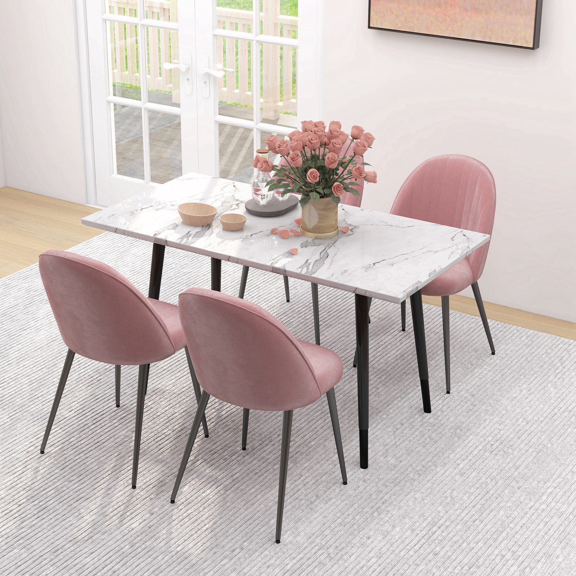 Pack de 4 Sillas de Comedor Modernas, Sillas de Cocina Tapizada en Terciopelo con Respaldo Curvo y Patas de Acero, para Salón, Rosa Palo