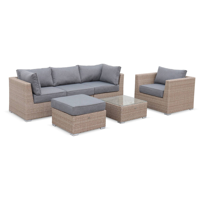Salon de jardin Premium en résine tressée arrondie – VINCI – Résine naturelle style osier. coussins gris foncé – 5 places. haut de gamme