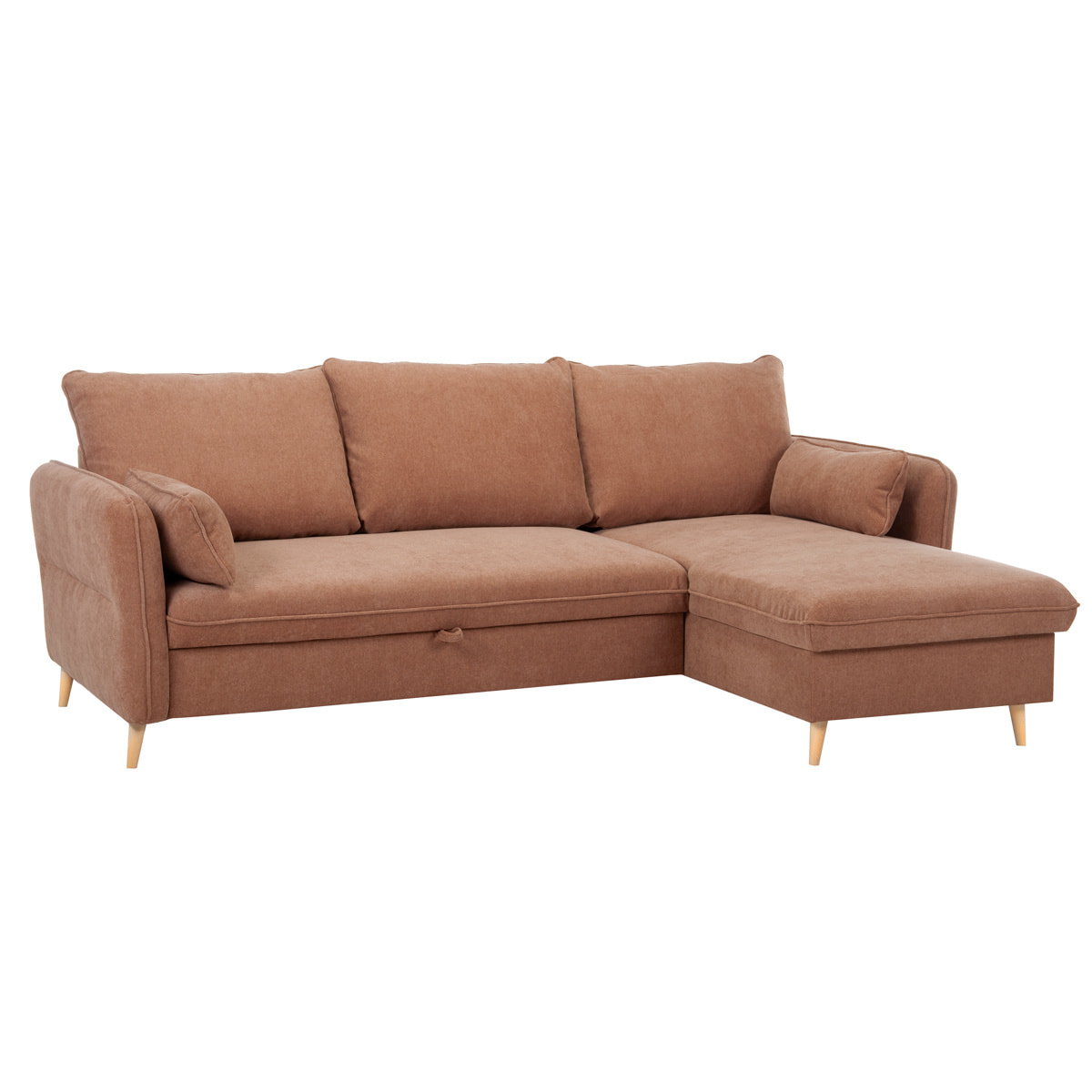 Canapé d'angle convertible réversible avec coffre 3-4 places en tissu effet velours terre brûlée et bois clair DRISS