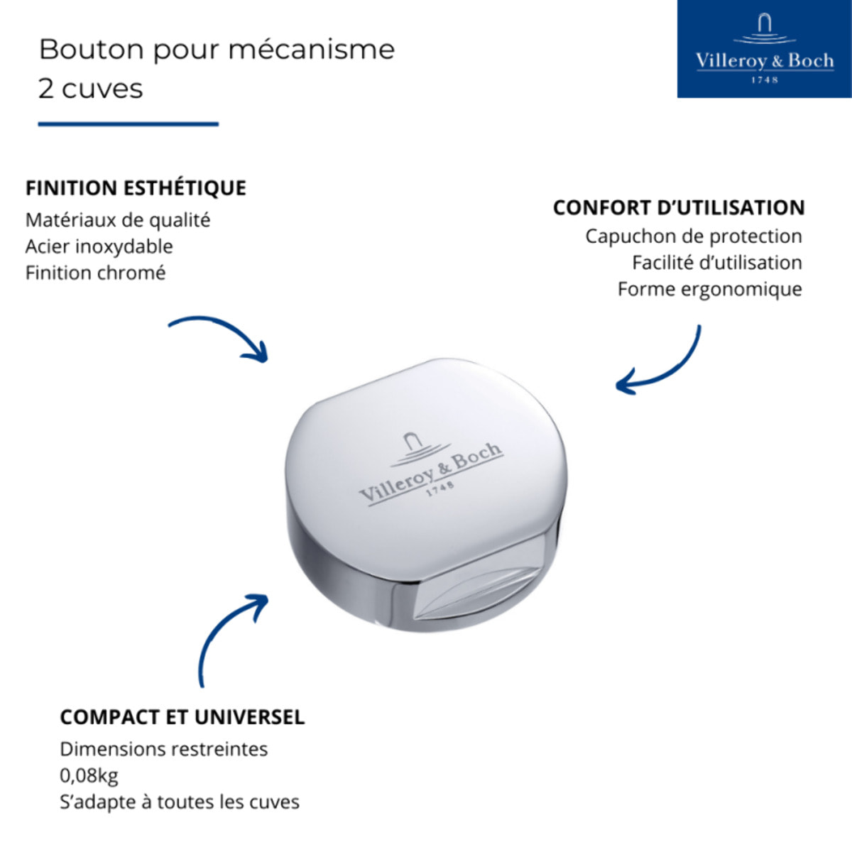 Bouton pour mécanisme 2 cuves, VILLEROY & BOCH en laiton finition chromé