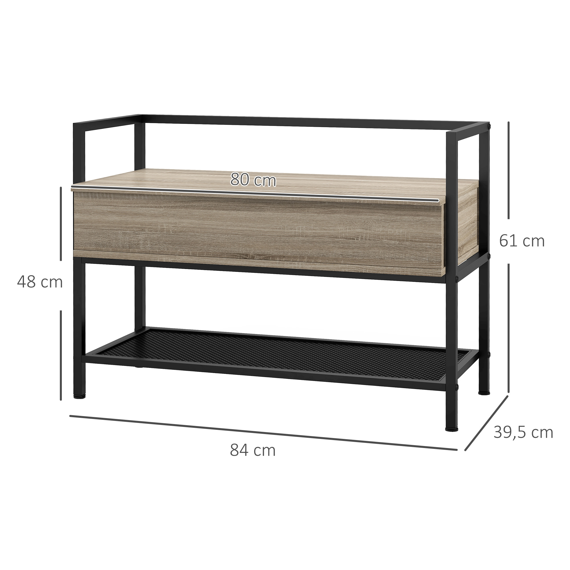Banc à chaussures design industriel - étagère, coffre de rangement - acier noir panneaux aspect chêne clair
