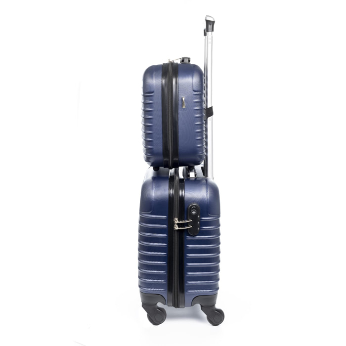 Set trolley e beauty case, in materiale ABS leggero e ad alta resistenza. Blocco numerico, 4 ruote girevoli a 360°.