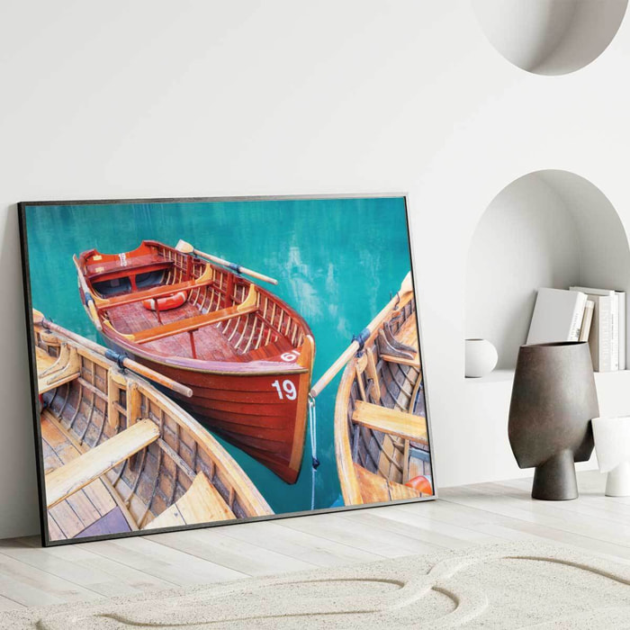 Affiche encadrée barques en bois eau turquoise Affiche + cadre en métal - Noir