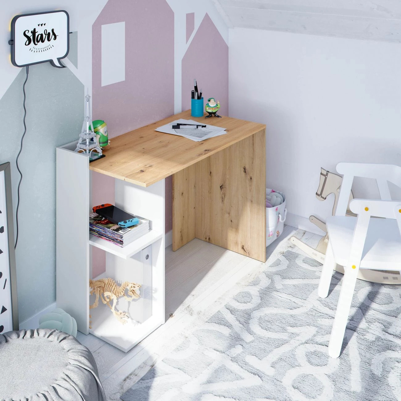 Mesa de escritorio Kenia Blanco Artik (Blanco Mate) - Roble Nodi