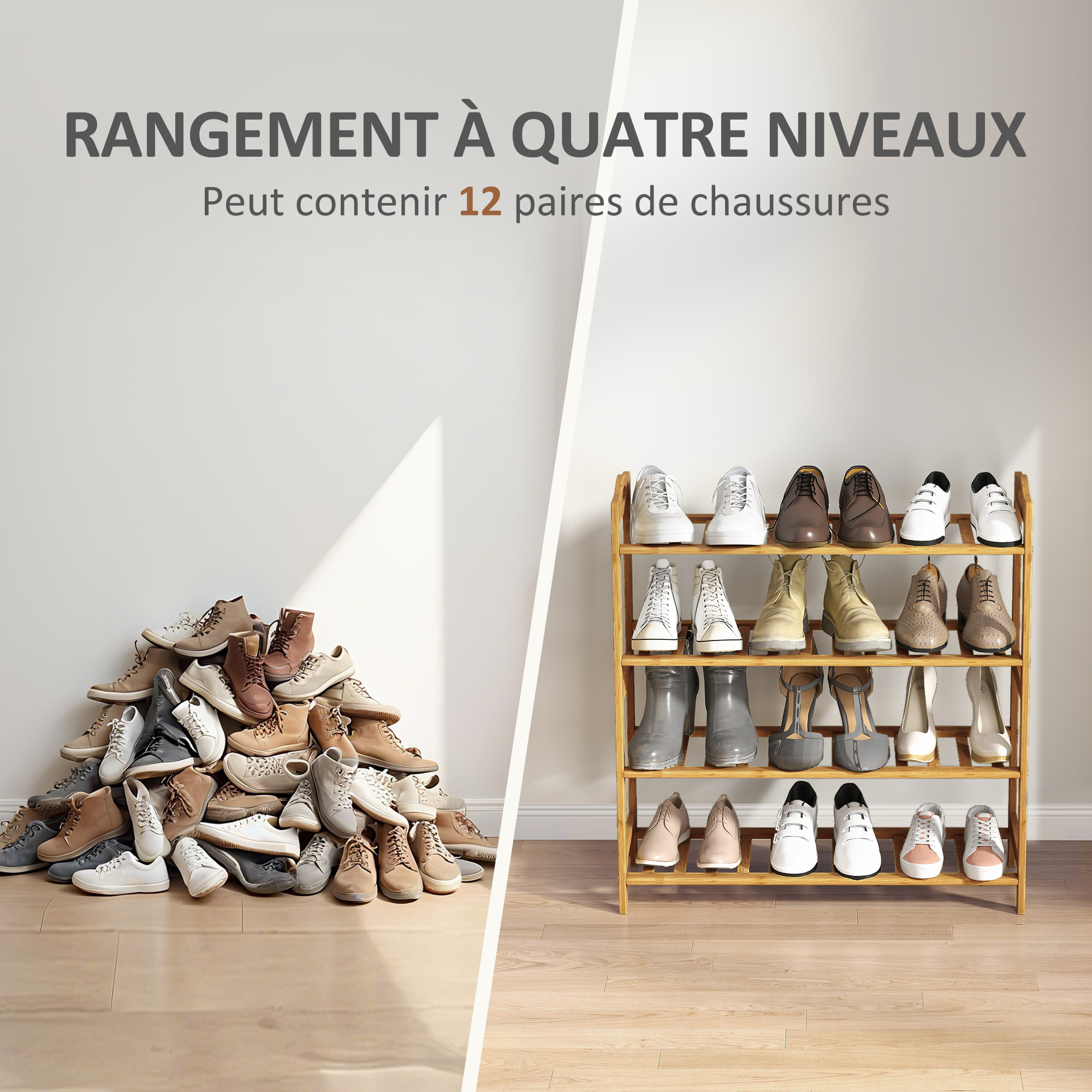 Étagère bambou style naturel - étagère à chaussures 4 niveaux - dim. 67,5 x 24,7 x 72 cm