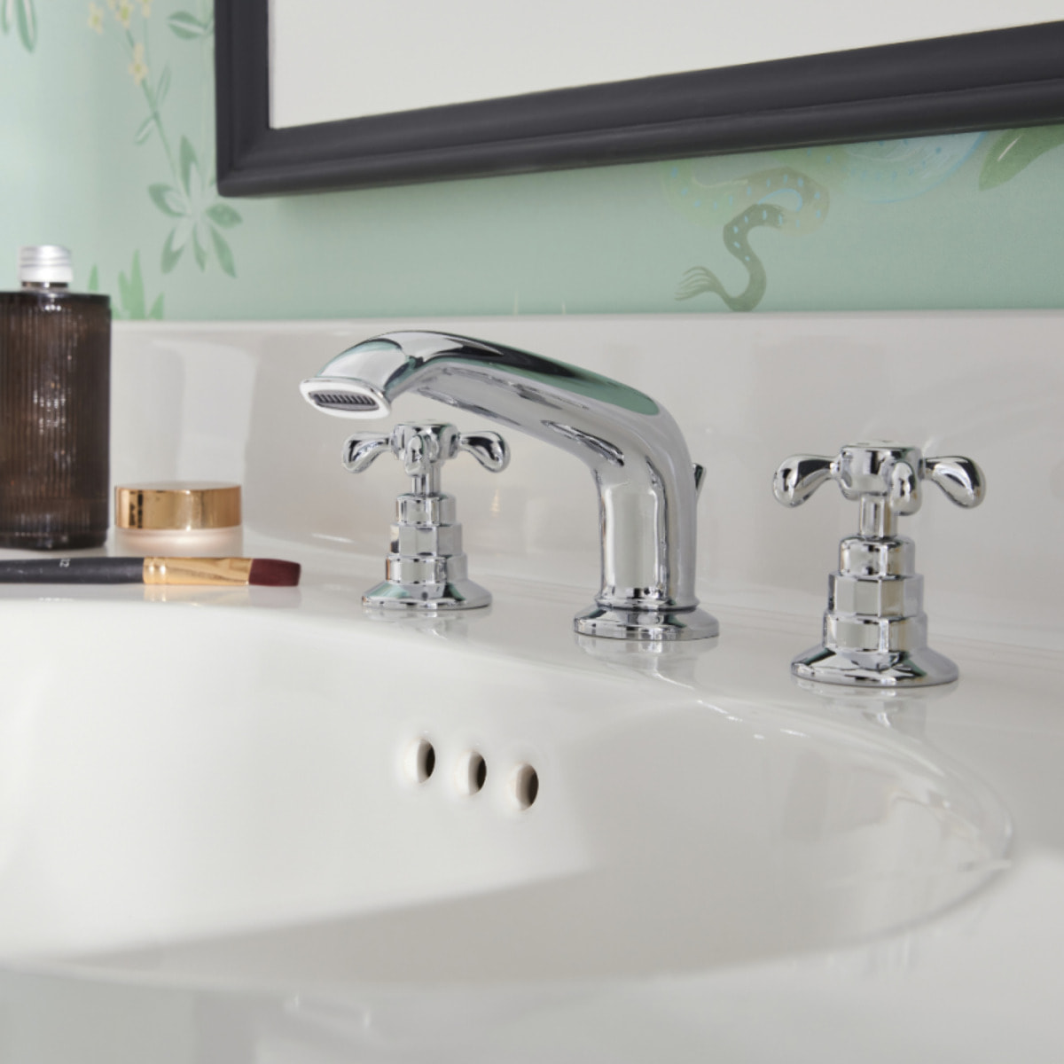 Pack plan vasque suspendu 3 trous Cléo 1889 + colonne droite + miroir + mélangeur croisillon chromé + siphon chromé