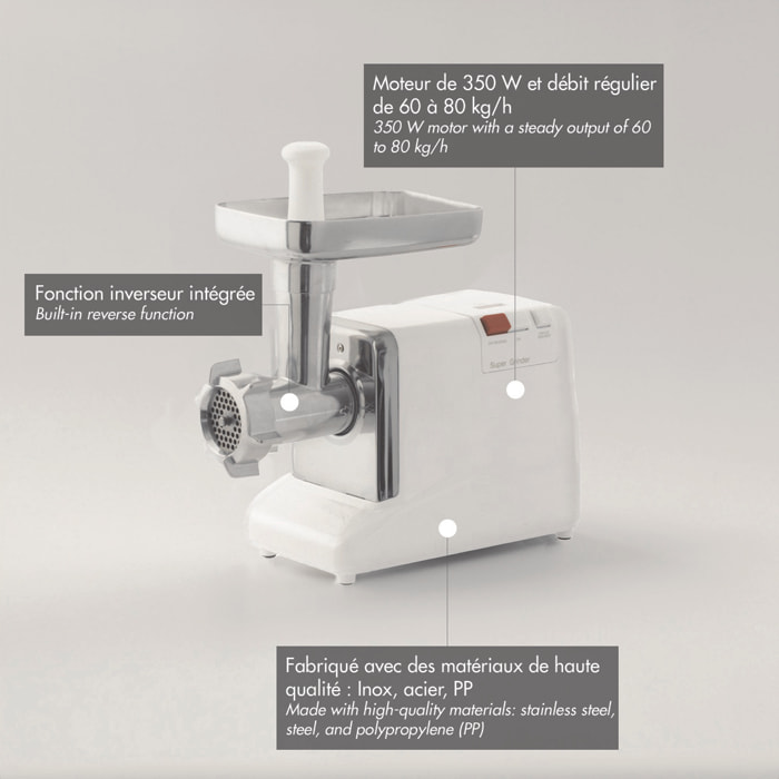 Hachoir électrique avec inverseur - 60 à 80 kg/h - 350 W - 3 grilles - 3 entonnoirs