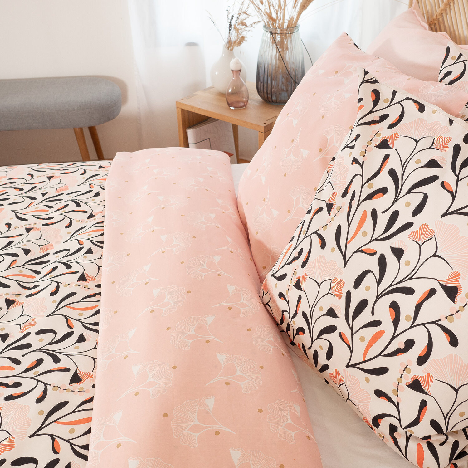 Parure housse de couette imprimé 100% satin de coton - joy - rose