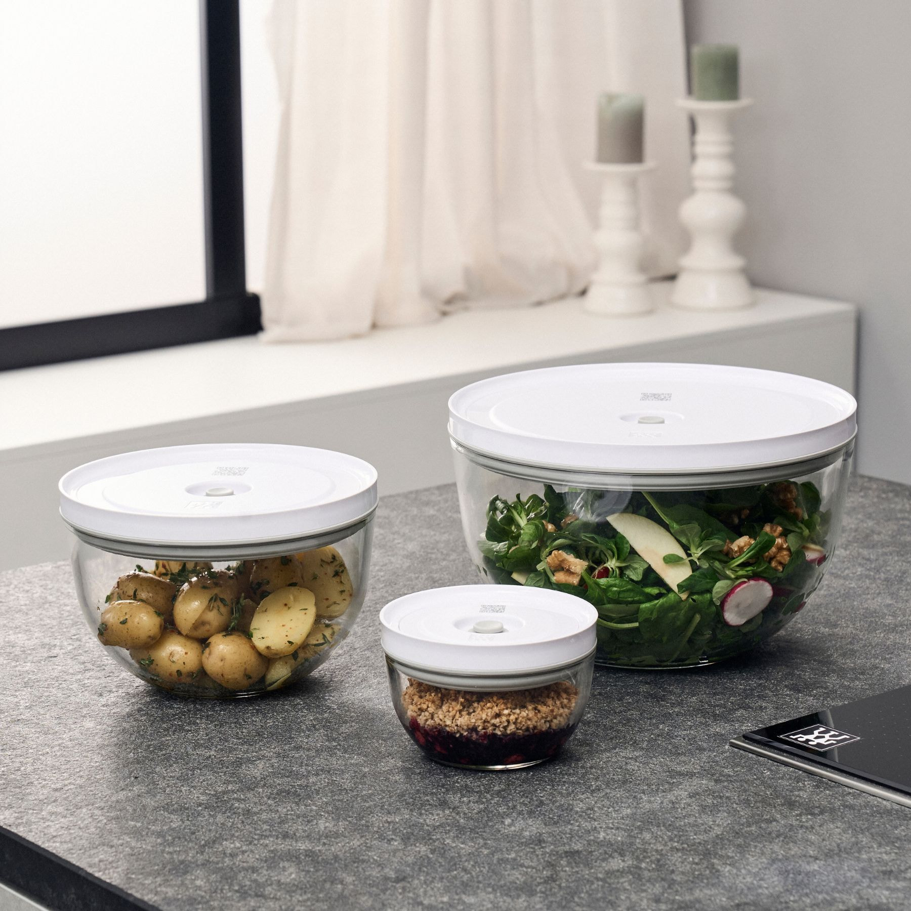 Set de bols sous vide S/M/L / 6-pcs, Verre, transparent-blanc