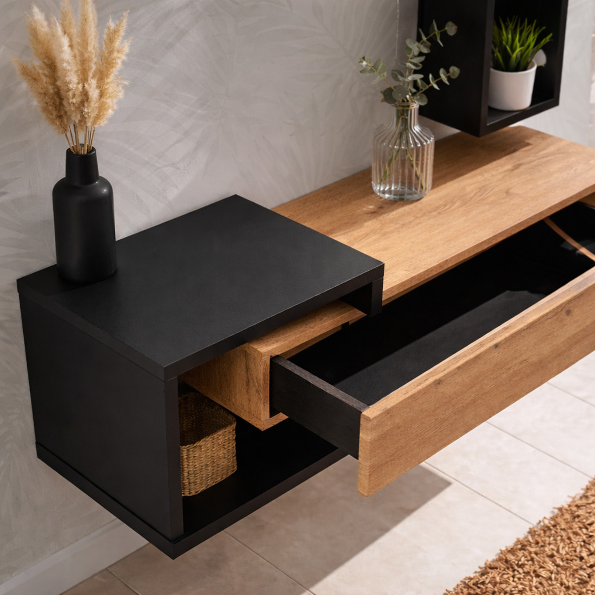 Set Ingresso Moderno Con Specchi Pensile A Giorno Mensola Con Cassetto Salvaspazio Mobile Da Parete 100 x 160 x 30 Cm Nero E Rovere