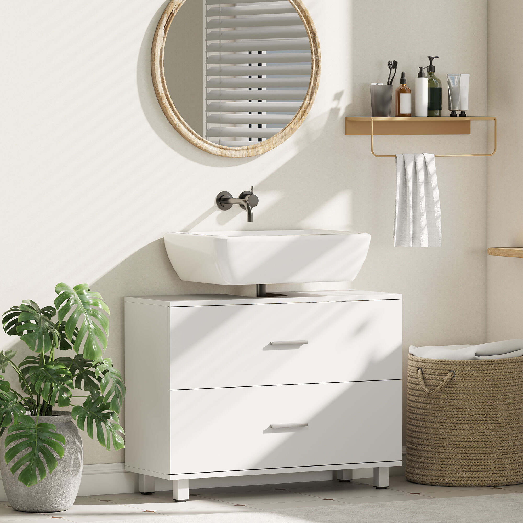 Mueble Bajo Lavabo, Mueble de Baño con 2 Cajones, Estilo Moderno, para Lavabo sin Pedestal, 80x30x60 cm, Blanco