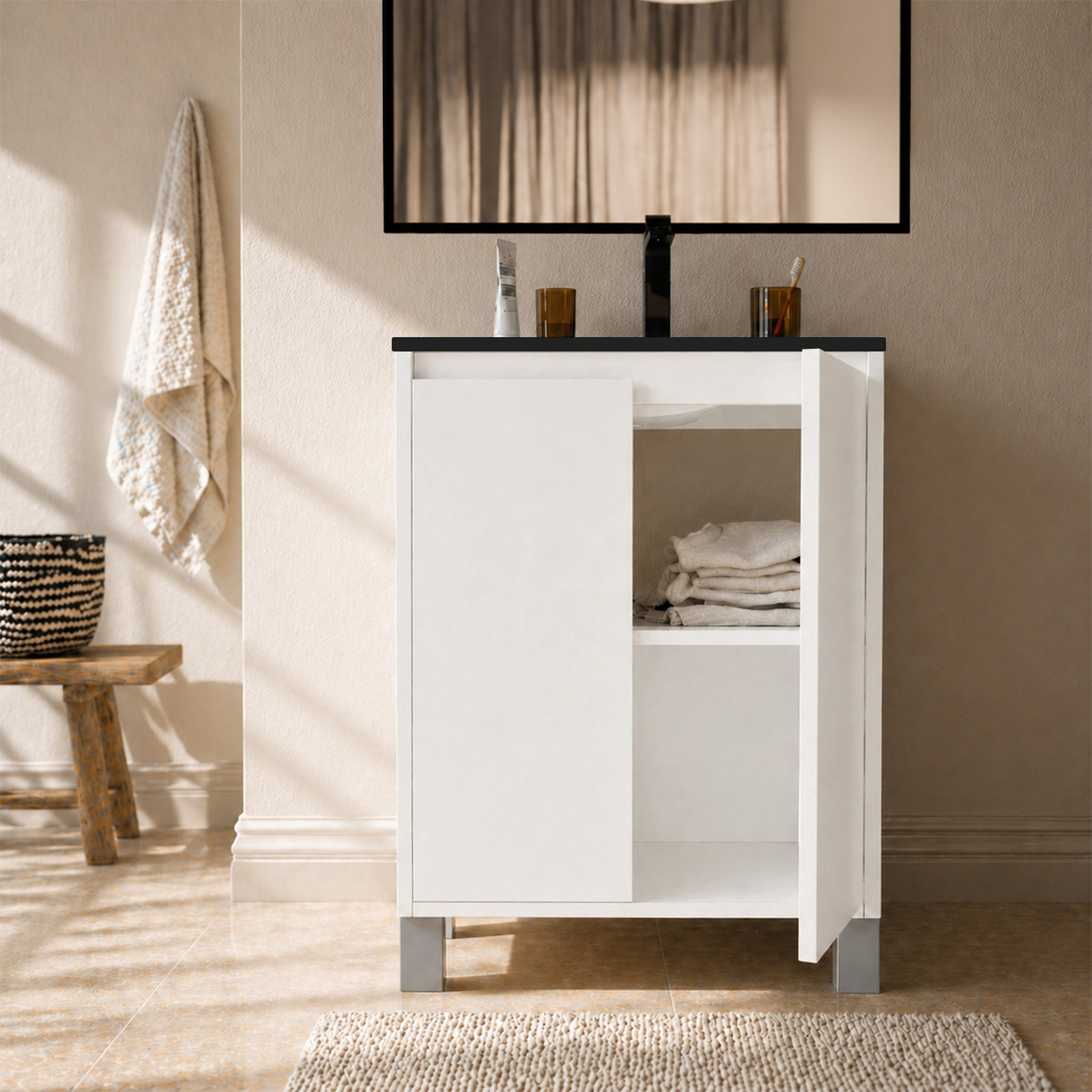 Meuble de Salle de Bains 50cm 2 portes Blanc, Vasque Noire et Miroir Cadre Noir 50x70 - XENOS