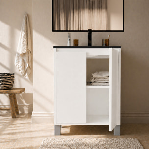 Meuble de Salle de Bains 50cm 2 portes Blanc, Vasque Noire et Miroir Cadre Noir 50x70 - XENOS