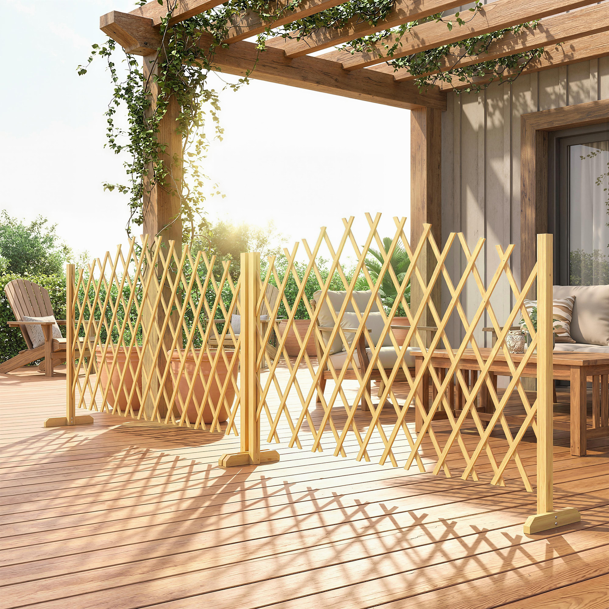 Set de 2 Paneles de Vallas de Jardín Exterior de Madera, Puertas de Jardín Exterior Extensibles, Vallas de Jardín para Decoración Terraza, Patio, 180x30x103 cm, Natural