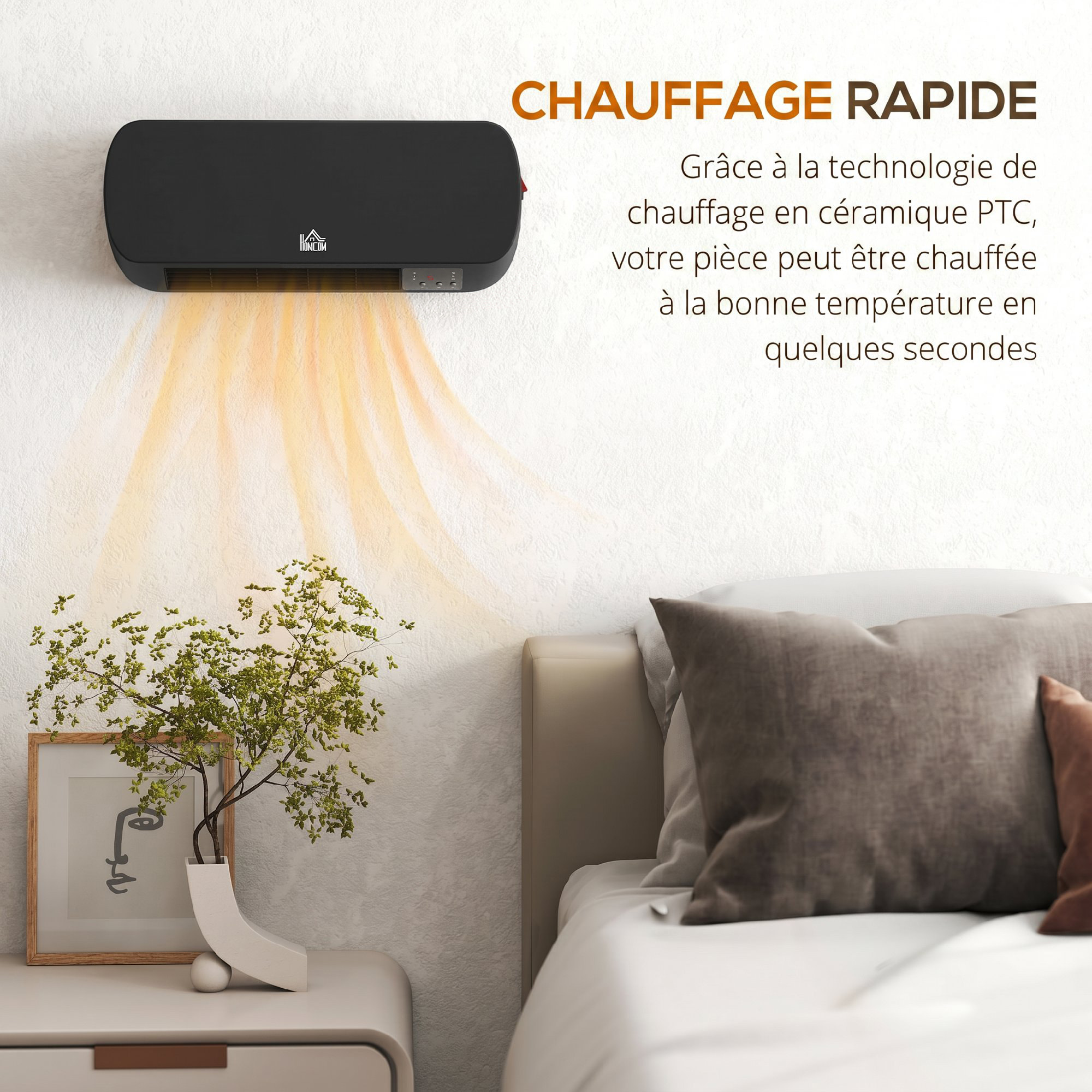 Radiateur mural soufflant 2000 W - chauffage céramique PTC - 3 niveaux de puissance - télécommande incluse noir
