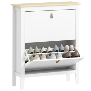 Mueble Zapatero Estrecho Zapatero Entrada Recibidor con 2 Cajones Abatibles Estantes Ajustables y Tiradores de PU para 14 Pares de Zapatos para Pasillo 80x24x95,5 cm Blanco