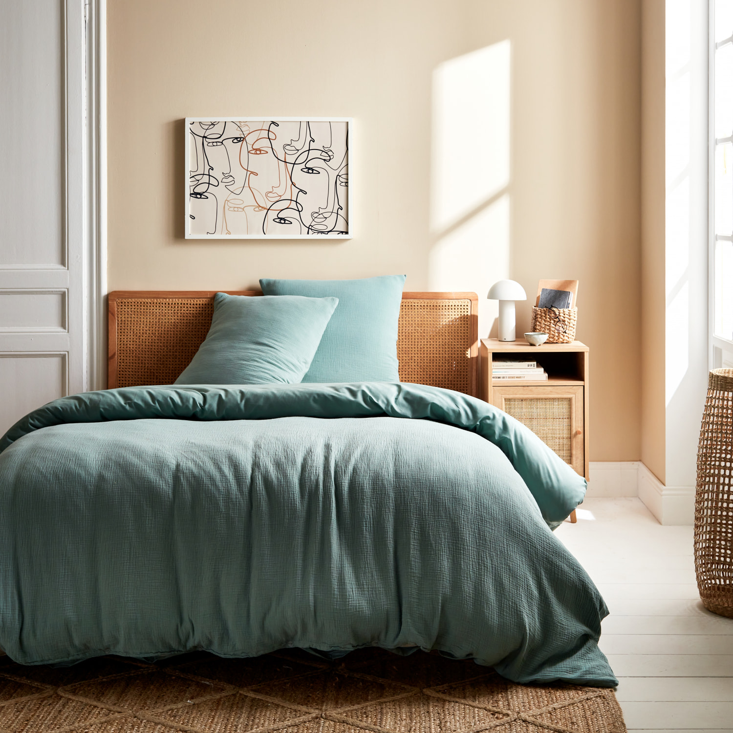 Parure de lit gaze de coton vert amande ALIX