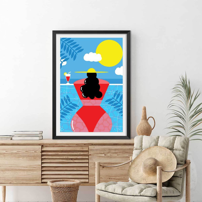 Affiche femme au bord de la piscine Affiche + cadre en bois - Noir